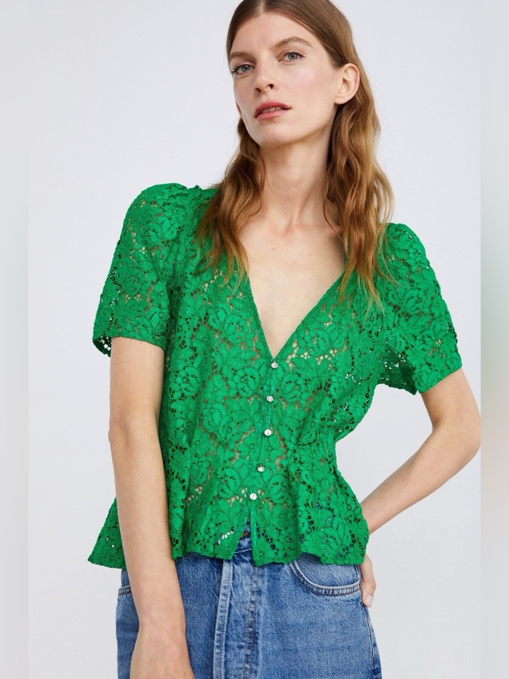 Zara Bright Green Lace Button-Up Blouse